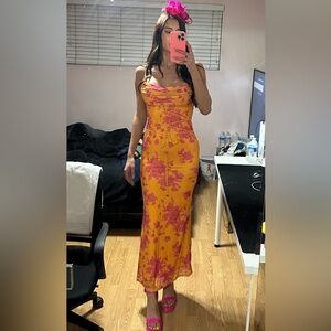 Vibrant Yellow and Pink Floral Midi Dress